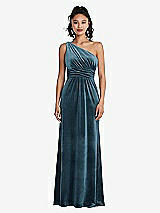 Front View Thumbnail - Dutch Blue One-Shoulder Draped Velvet Maxi Dress