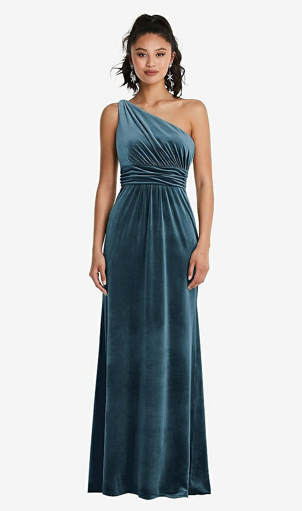 Front View - Dutch Blue One-Shoulder Draped Velvet Maxi Dress