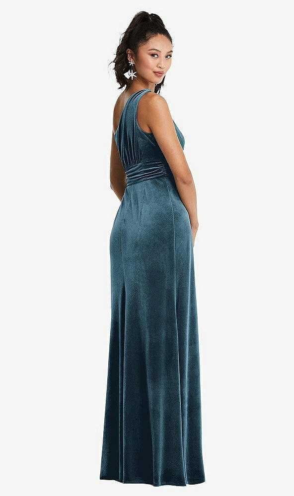 Back View - Dutch Blue One-Shoulder Draped Velvet Maxi Dress