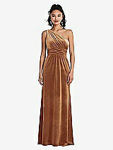 Front View Thumbnail - Golden Almond One-Shoulder Draped Velvet Maxi Dress