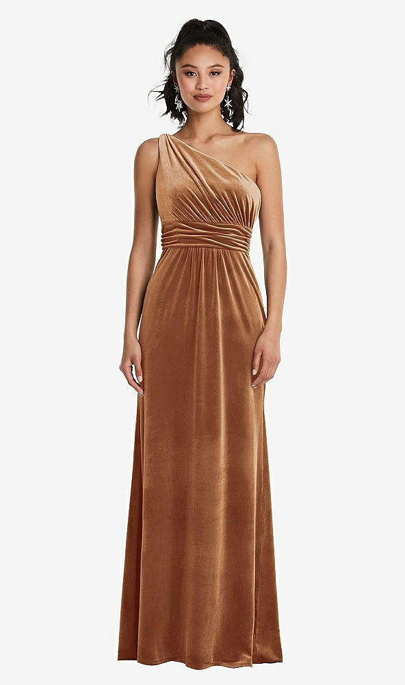 Front View - Golden Almond One-Shoulder Draped Velvet Maxi Dress
