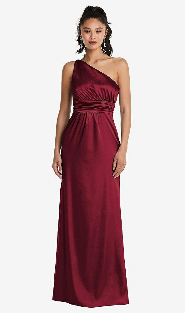 Front View - Burgundy One-Shoulder Draped Satin Maxi Dress