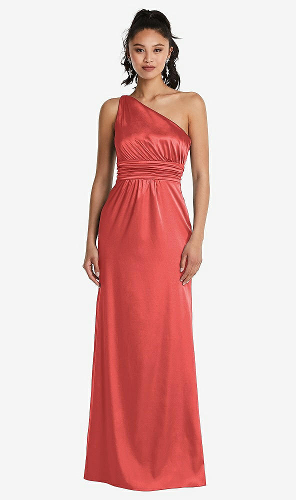 Front View - Perfect Coral One-Shoulder Draped Satin Maxi Dress