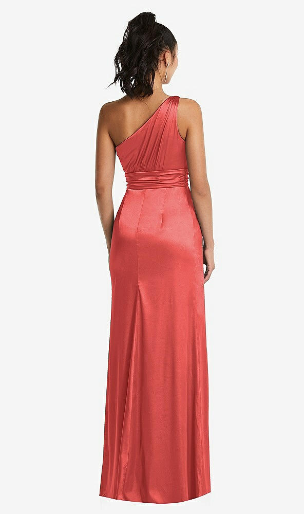 Back View - Perfect Coral One-Shoulder Draped Satin Maxi Dress