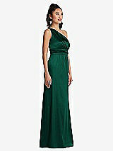 Side View Thumbnail - Hunter Green One-Shoulder Draped Satin Maxi Dress