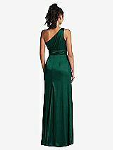 Rear View Thumbnail - Hunter Green One-Shoulder Draped Satin Maxi Dress