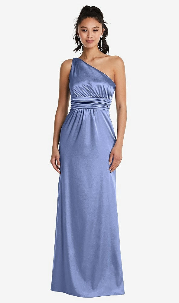Front View - Periwinkle - PANTONE Serenity One-Shoulder Draped Satin Maxi Dress