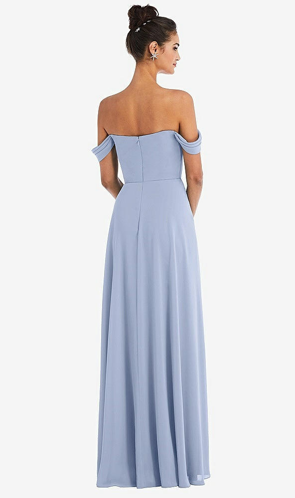 Back View - Sky Blue Off-the-Shoulder Draped Neckline Maxi Dress