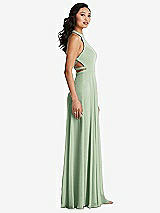 Side View Thumbnail - Celadon Stand Collar Halter Maxi Dress with Criss Cross Open-Back