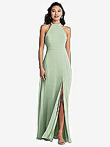 Rear View Thumbnail - Celadon Stand Collar Halter Maxi Dress with Criss Cross Open-Back