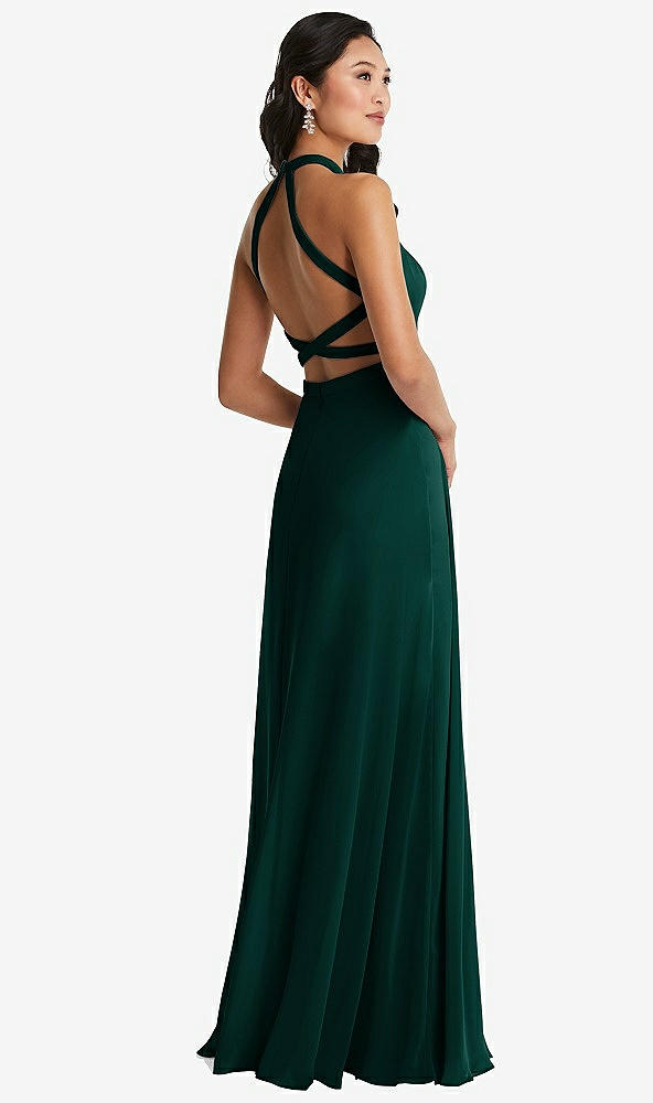Front View - Evergreen Stand Collar Halter Maxi Dress with Criss Cross Open-Back