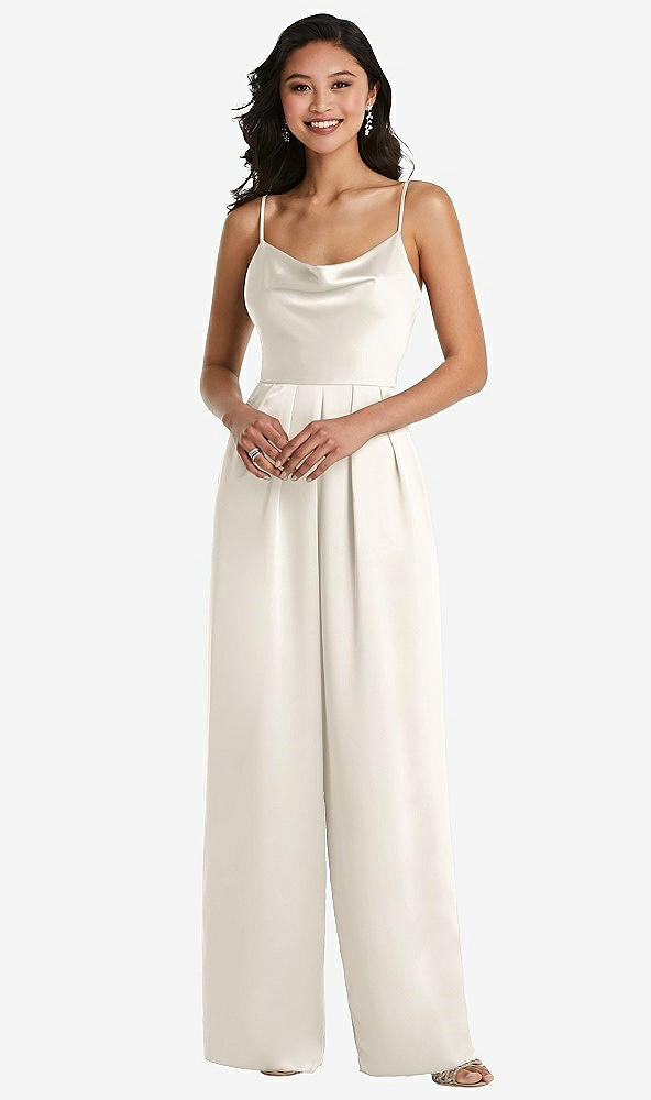 Front View - Ivory Cowl-Neck Spaghetti Strap Maxi Jumpsuit with Pockets