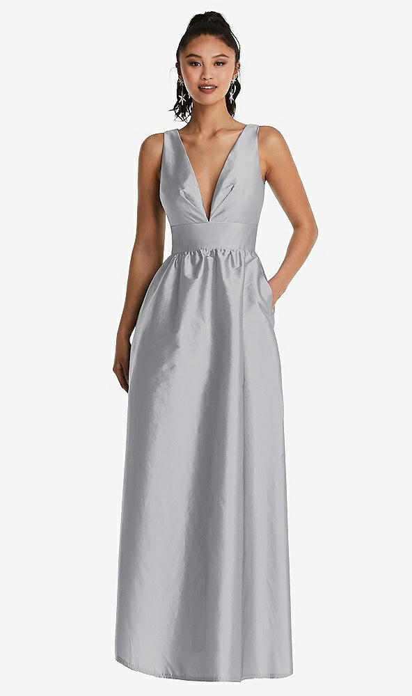Front View - French Gray Plunging Neckline Maxi Dress with Pockets