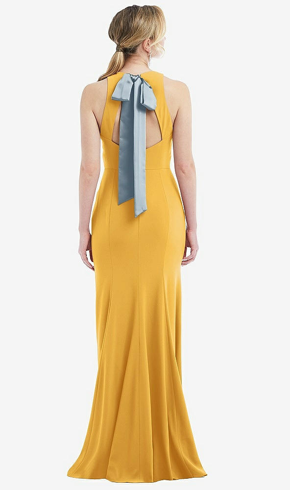 Front View - NYC Yellow & Mist Cutout Open-Back Halter Maxi Dress with Scarf Tie