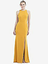 Rear View Thumbnail - NYC Yellow & Mist Cutout Open-Back Halter Maxi Dress with Scarf Tie