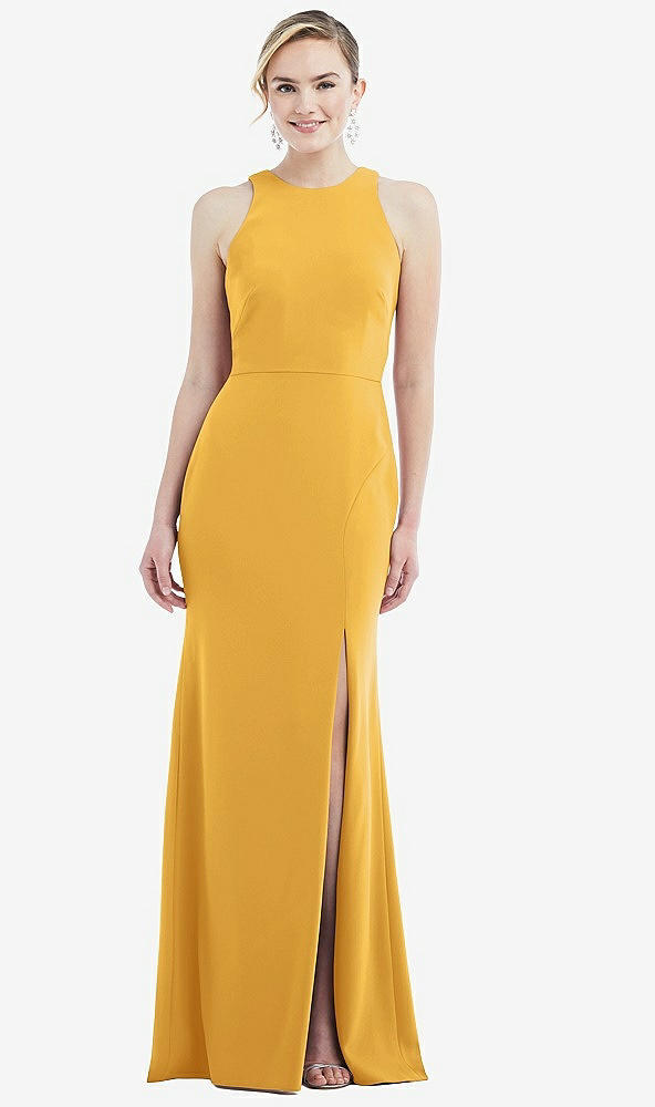 Back View - NYC Yellow & Mist Cutout Open-Back Halter Maxi Dress with Scarf Tie