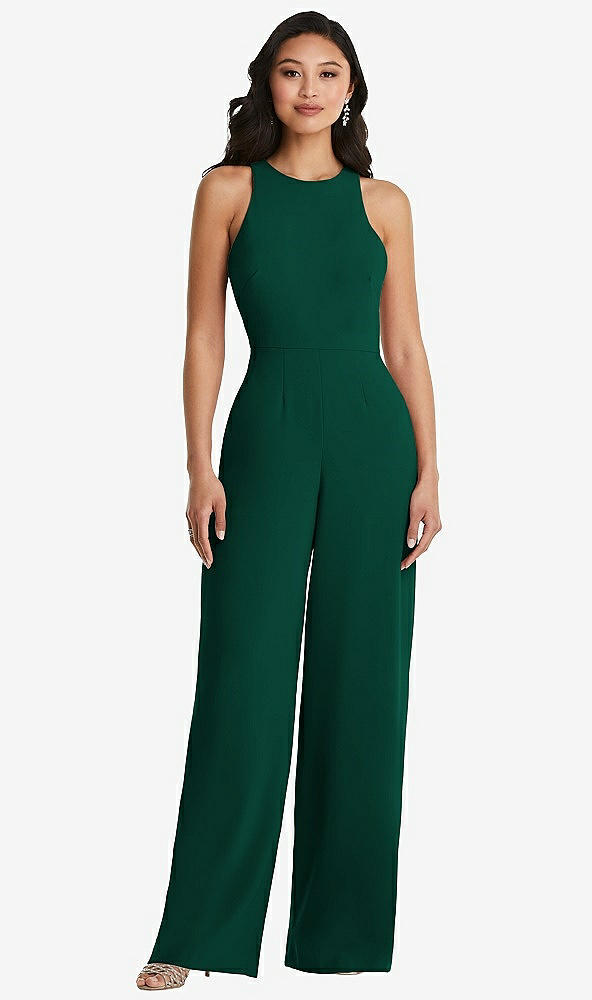 Back View - Hunter Green & Cabernet Cutout Open-Back Halter Jumpsuit with Scarf Tie