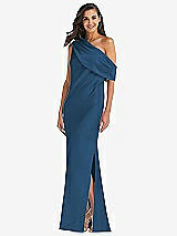 Front View Thumbnail - Dusk Blue Draped One-Shoulder Convertible Maxi Slip Dress