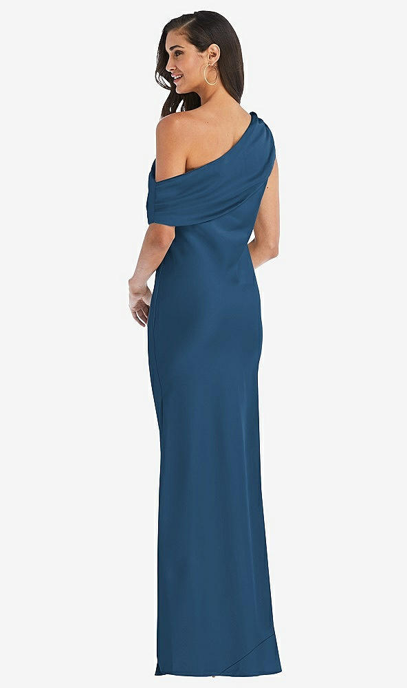 Back View - Dusk Blue Draped One-Shoulder Convertible Maxi Slip Dress
