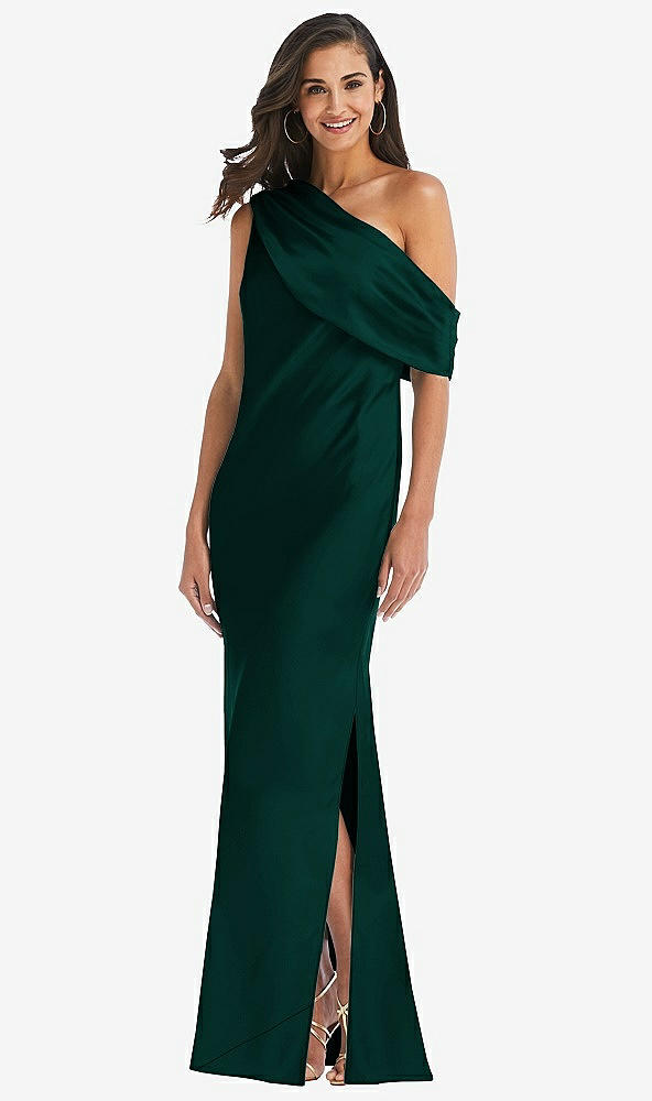 Front View - Evergreen Draped One-Shoulder Convertible Maxi Slip Dress