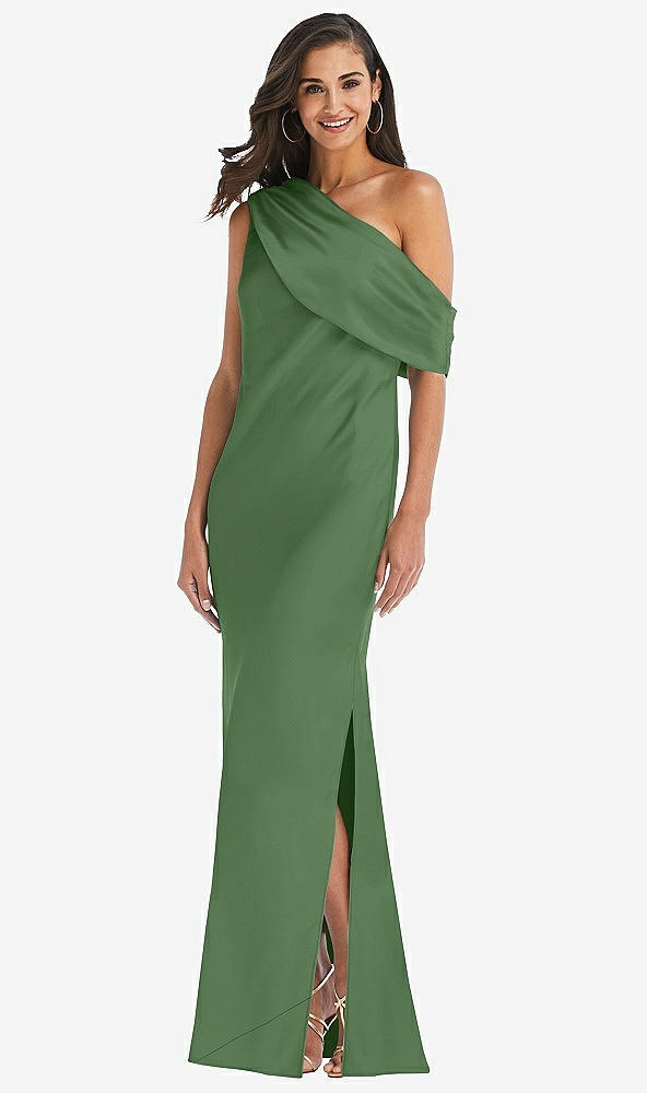 Front View - Vineyard Green Draped One-Shoulder Convertible Maxi Slip Dress