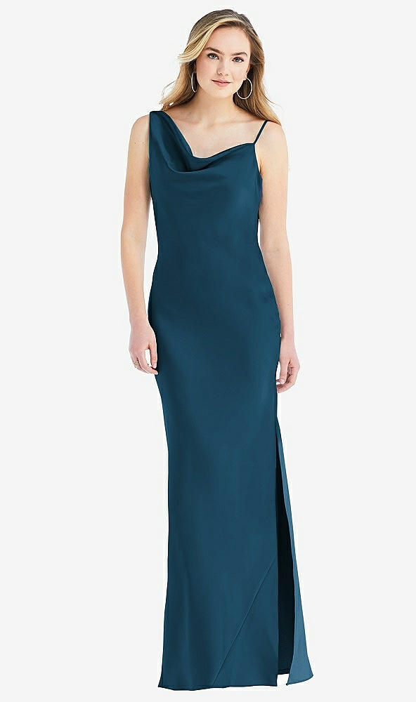 Front View - Atlantic Blue Asymmetrical One-Shoulder Cowl Maxi Slip Dress
