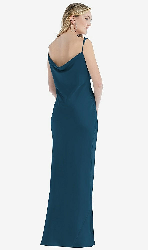 Back View - Atlantic Blue Asymmetrical One-Shoulder Cowl Maxi Slip Dress