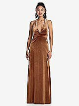 Front View Thumbnail - Golden Almond Plunging Neckline Velvet Maxi Dress with Criss Cross Open-Back