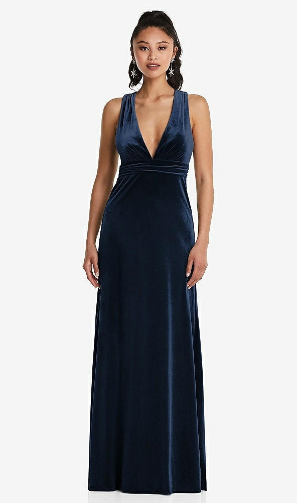 Front View - Midnight Navy Plunging Neckline Velvet Maxi Dress with Criss Cross Open-Back