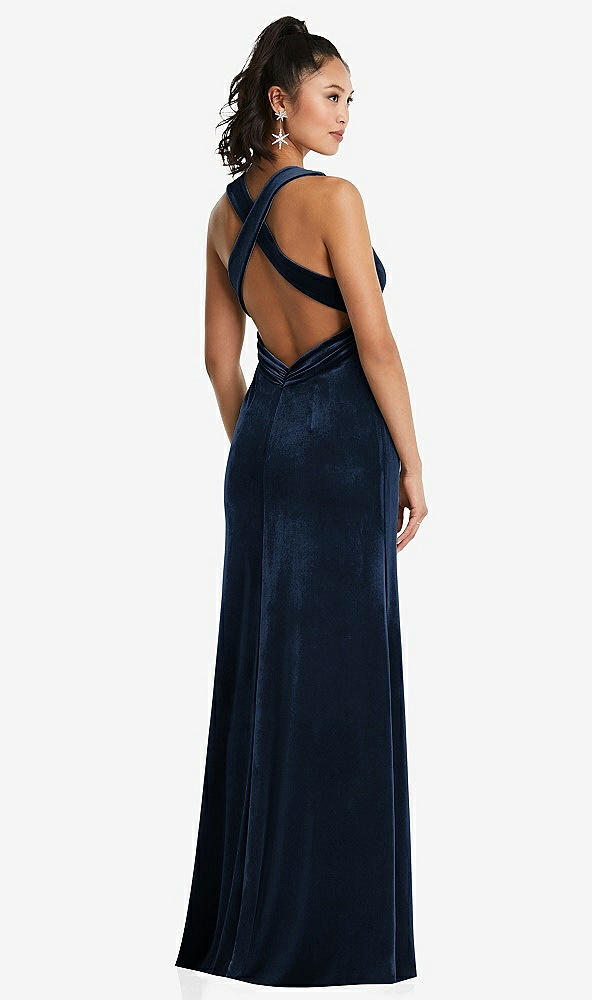 Back View - Midnight Navy Plunging Neckline Velvet Maxi Dress with Criss Cross Open-Back