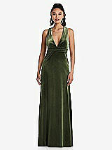 Front View Thumbnail - Olive Green Plunging Neckline Velvet Maxi Dress with Criss Cross Open-Back
