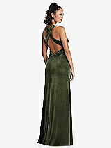 Rear View Thumbnail - Olive Green Plunging Neckline Velvet Maxi Dress with Criss Cross Open-Back
