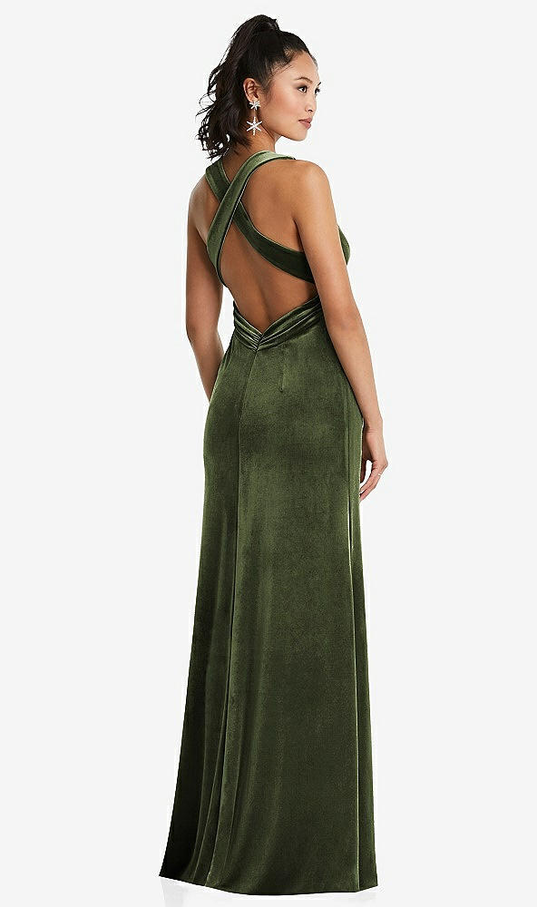 Back View - Olive Green Plunging Neckline Velvet Maxi Dress with Criss Cross Open-Back