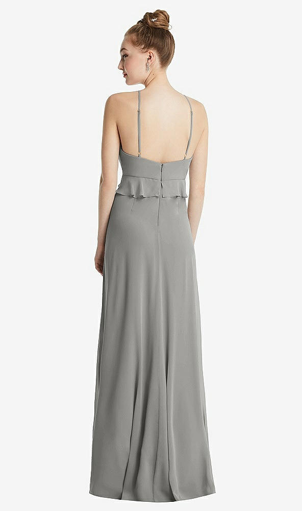 Back View - Chelsea Gray Bias Ruffle Empire Waist Halter Maxi Dress with Adjustable Straps