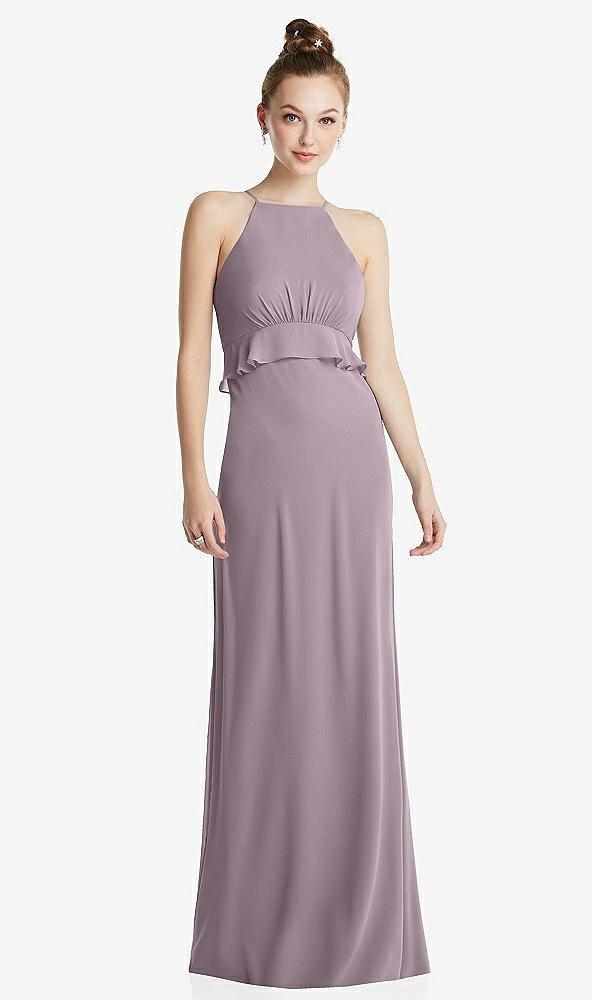 Front View - Lilac Dusk Bias Ruffle Empire Waist Halter Maxi Dress with Adjustable Straps