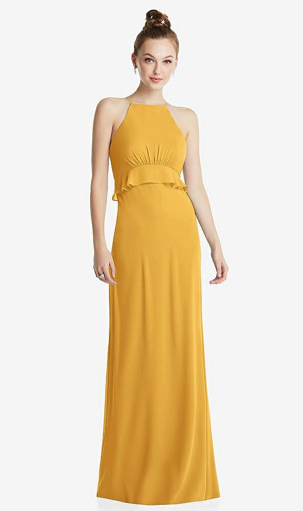 Front View - NYC Yellow Bias Ruffle Empire Waist Halter Maxi Dress with Adjustable Straps