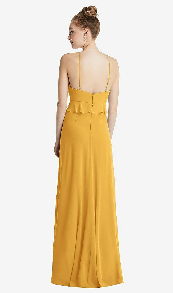 Back View - NYC Yellow Bias Ruffle Empire Waist Halter Maxi Dress with Adjustable Straps