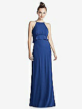 Front View Thumbnail - Classic Blue Bias Ruffle Empire Waist Halter Maxi Dress with Adjustable Straps