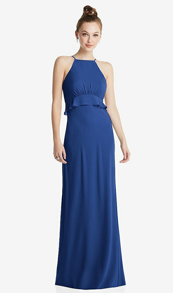 Front View - Classic Blue Bias Ruffle Empire Waist Halter Maxi Dress with Adjustable Straps