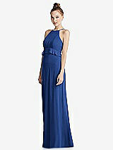 Side View Thumbnail - Classic Blue Bias Ruffle Empire Waist Halter Maxi Dress with Adjustable Straps