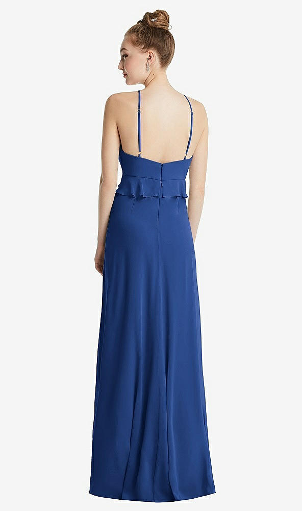 Back View - Classic Blue Bias Ruffle Empire Waist Halter Maxi Dress with Adjustable Straps