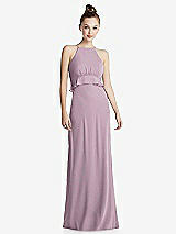Front View Thumbnail - Suede Rose Bias Ruffle Empire Waist Halter Maxi Dress with Adjustable Straps