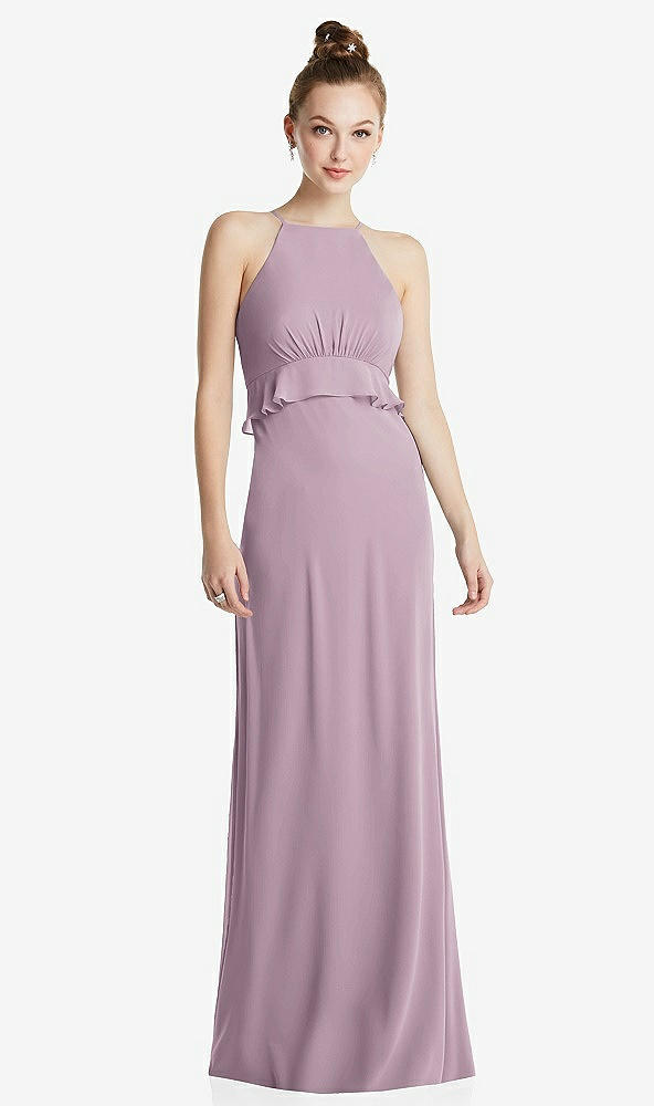 Front View - Suede Rose Bias Ruffle Empire Waist Halter Maxi Dress with Adjustable Straps