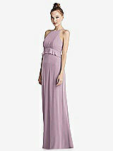 Side View Thumbnail - Suede Rose Bias Ruffle Empire Waist Halter Maxi Dress with Adjustable Straps