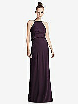 Front View Thumbnail - Aubergine Bias Ruffle Empire Waist Halter Maxi Dress with Adjustable Straps