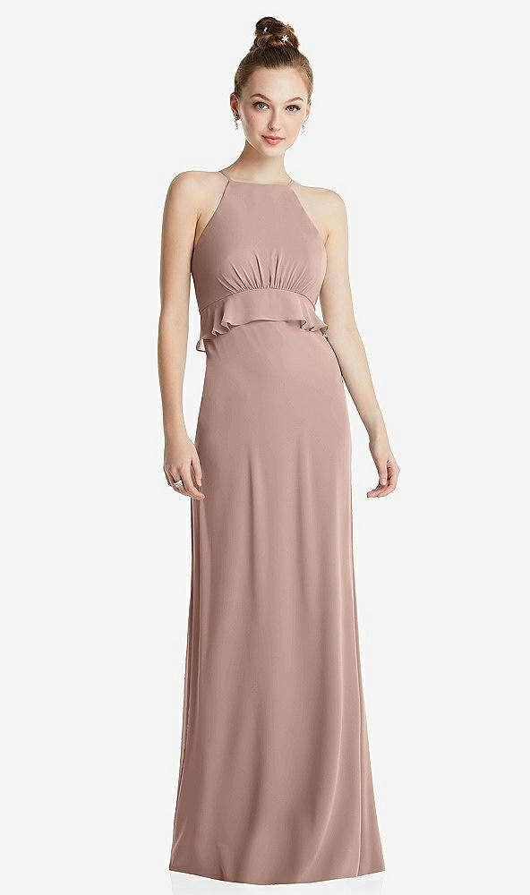 Front View - Bliss Bias Ruffle Empire Waist Halter Maxi Dress with Adjustable Straps