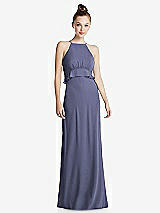 Front View Thumbnail - French Blue Bias Ruffle Empire Waist Halter Maxi Dress with Adjustable Straps