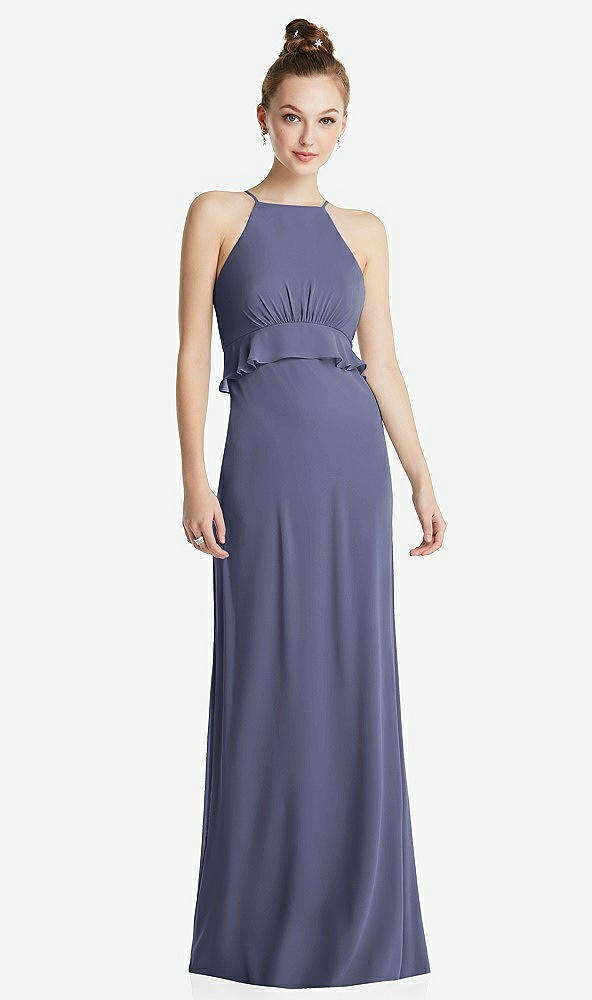 Front View - French Blue Bias Ruffle Empire Waist Halter Maxi Dress with Adjustable Straps