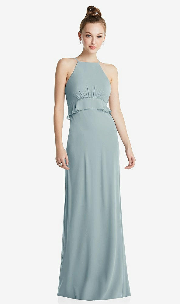 Front View - Morning Sky Bias Ruffle Empire Waist Halter Maxi Dress with Adjustable Straps