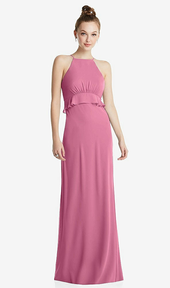 Front View - Orchid Pink Bias Ruffle Empire Waist Halter Maxi Dress with Adjustable Straps